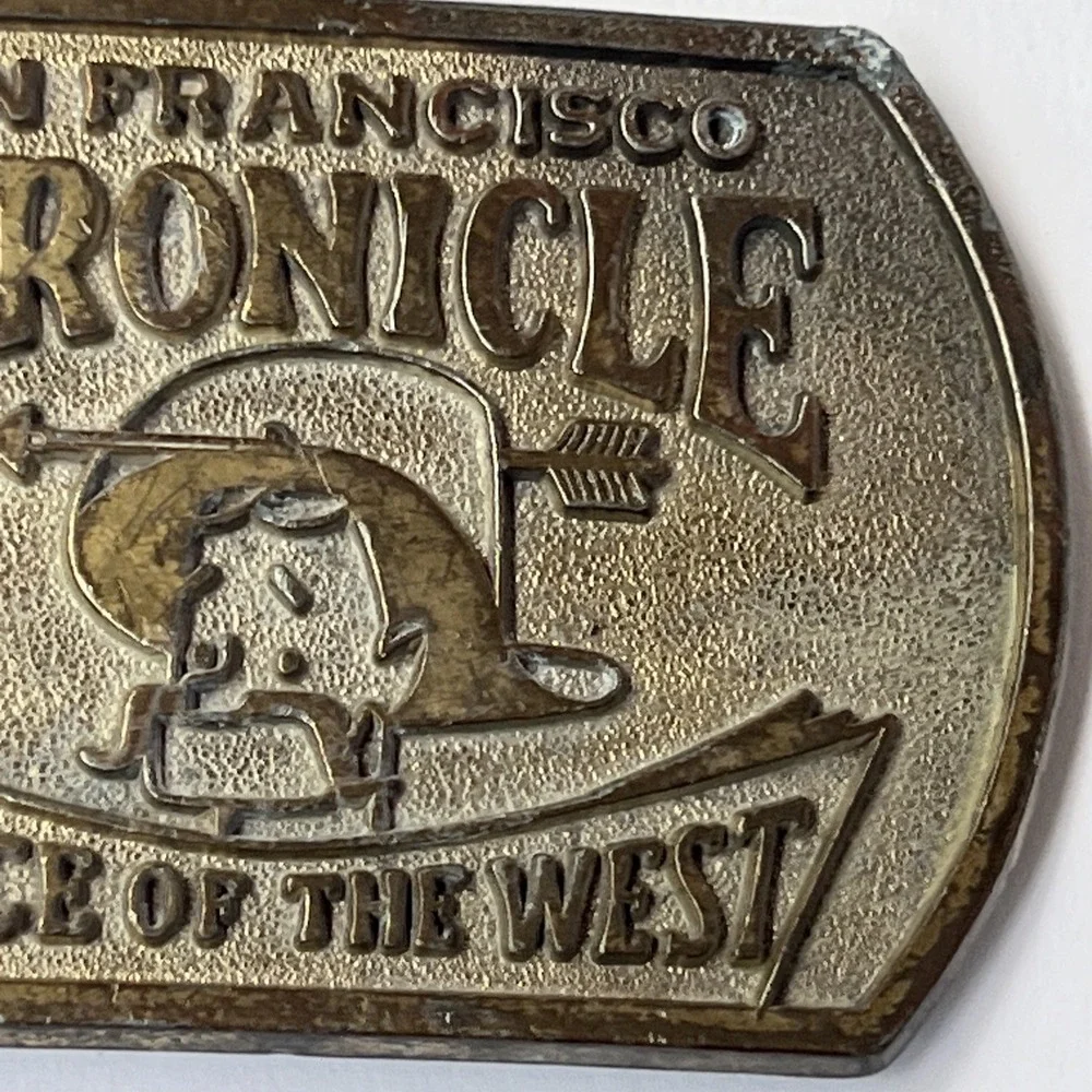 VTG 1970's San Francisco Chronicle Voice Of The West Brass Belt Buckle 3 3/8